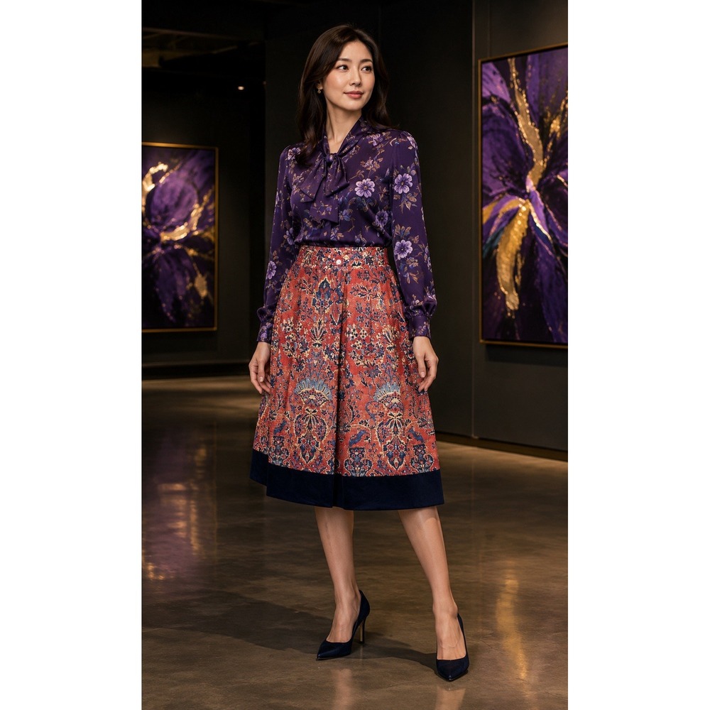 Soft Surroundings Tapestry Floral Midi Skirt Navy Suede Trim Boho Sz-XL